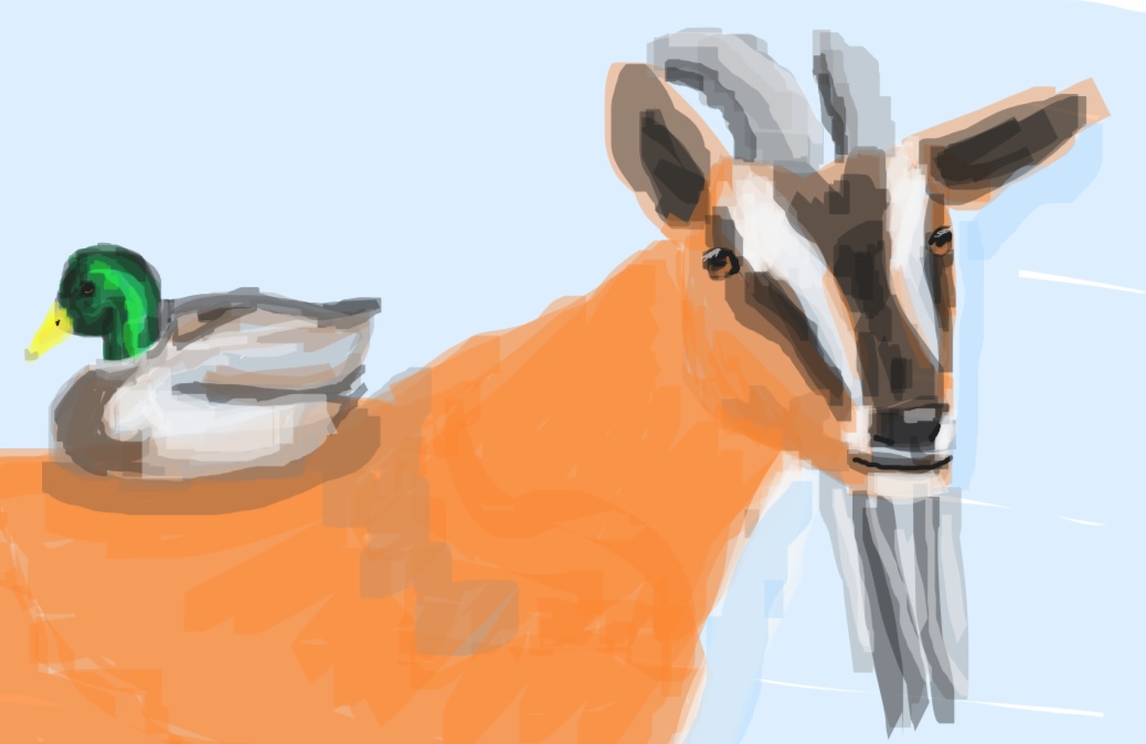 A drawn image of a duck sitting atop a goat.